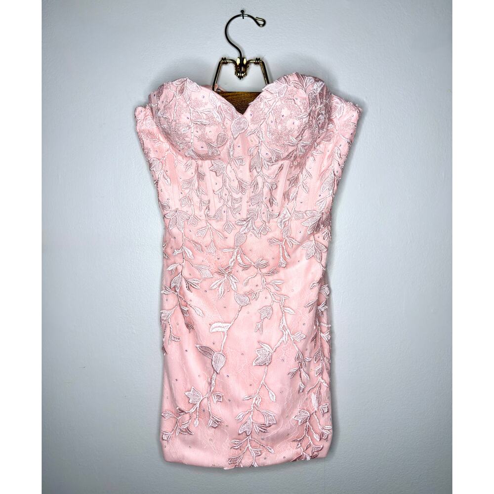 Stacees Mini Homecoming Dress with Beading Lace in Baby Pink